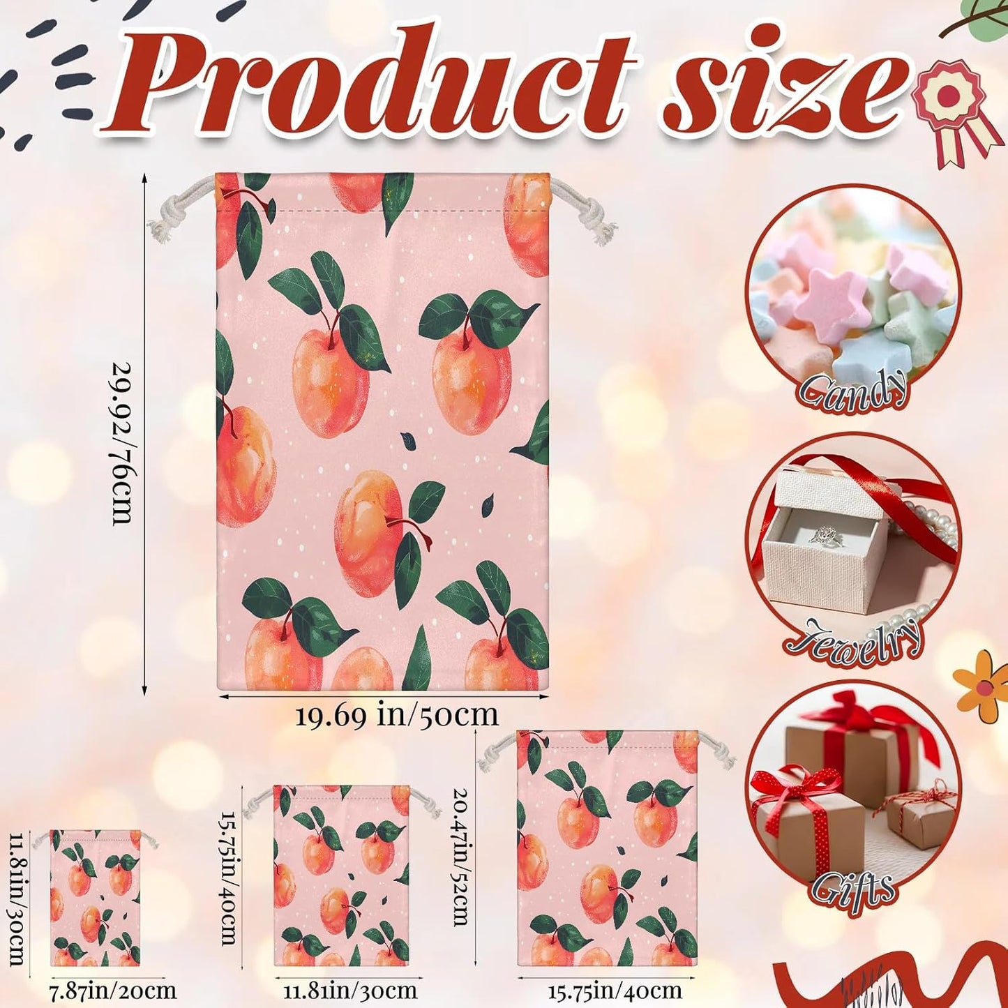 Aglebo Watercolor Peaches Reusable Christmas Gift Bag Set with Drawstring 30" x 20" Xmas Treats Bags Funny Design for Party Birthday Xmas Presents Wrapping Bags (1 Pack)