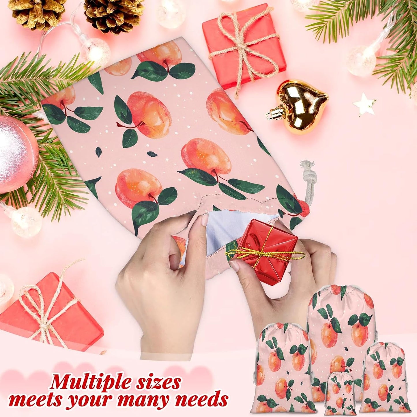 Aglebo Watercolor Peaches Reusable Christmas Gift Bag Set with Drawstring 30" x 20" Xmas Treats Bags Funny Design for Party Birthday Xmas Presents Wrapping Bags (1 Pack)