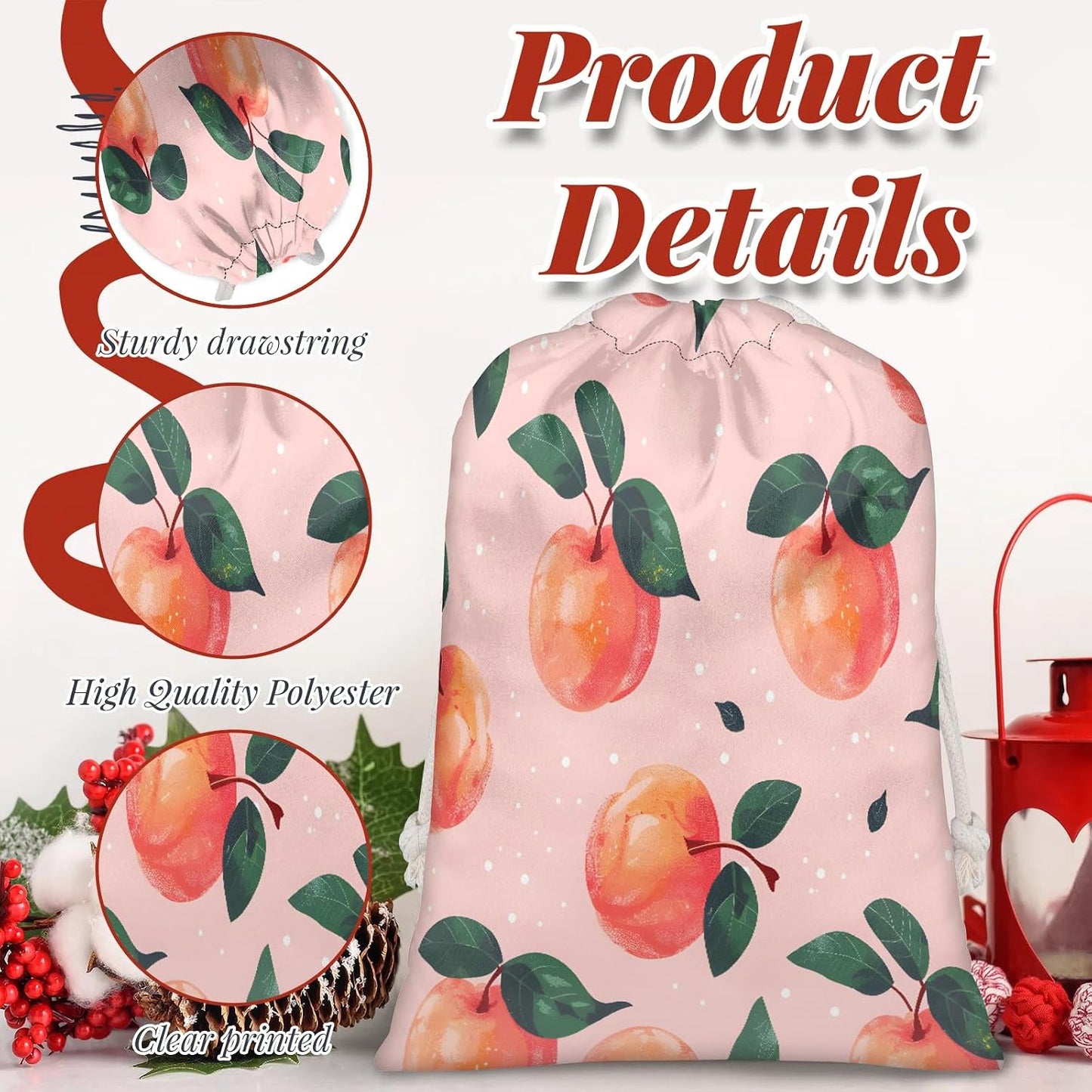 Aglebo Watercolor Peaches Reusable Christmas Gift Bag Set with Drawstring 30" x 20" Xmas Treats Bags Funny Design for Party Birthday Xmas Presents Wrapping Bags (1 Pack)