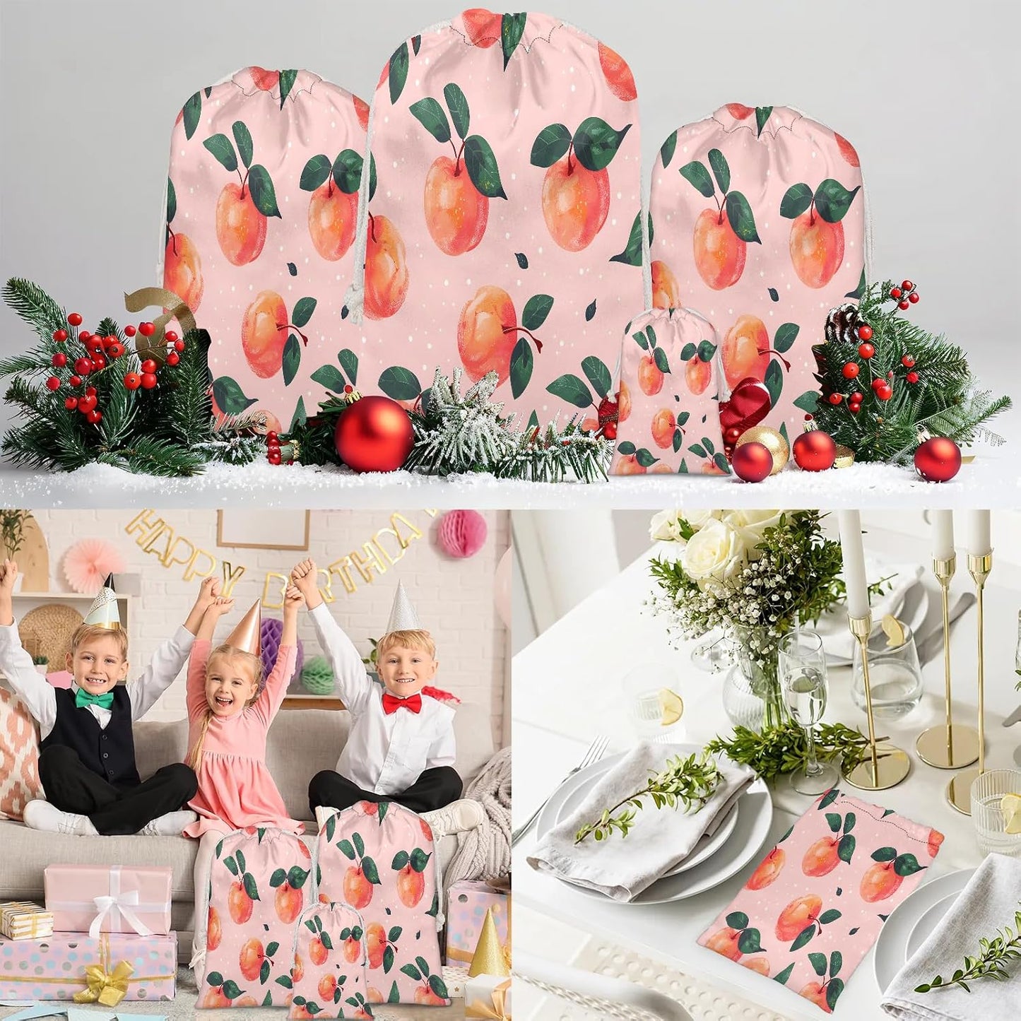 Aglebo Watercolor Peaches Reusable Christmas Gift Bag Set with Drawstring 30" x 20" Xmas Treats Bags Funny Design for Party Birthday Xmas Presents Wrapping Bags (1 Pack)