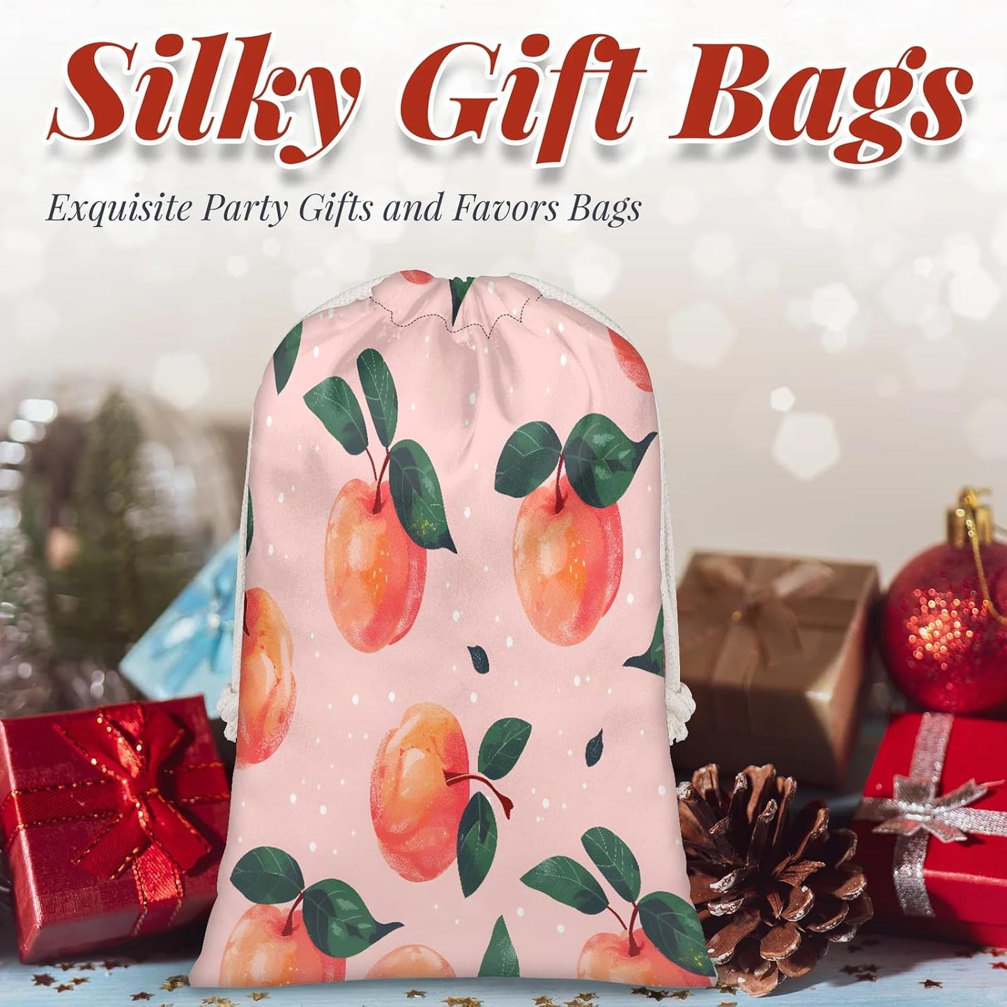 Aglebo Watercolor Peaches Reusable Christmas Gift Bag Set with Drawstring 30" x 20" Xmas Treats Bags Funny Design for Party Birthday Xmas Presents Wrapping Bags (1 Pack)