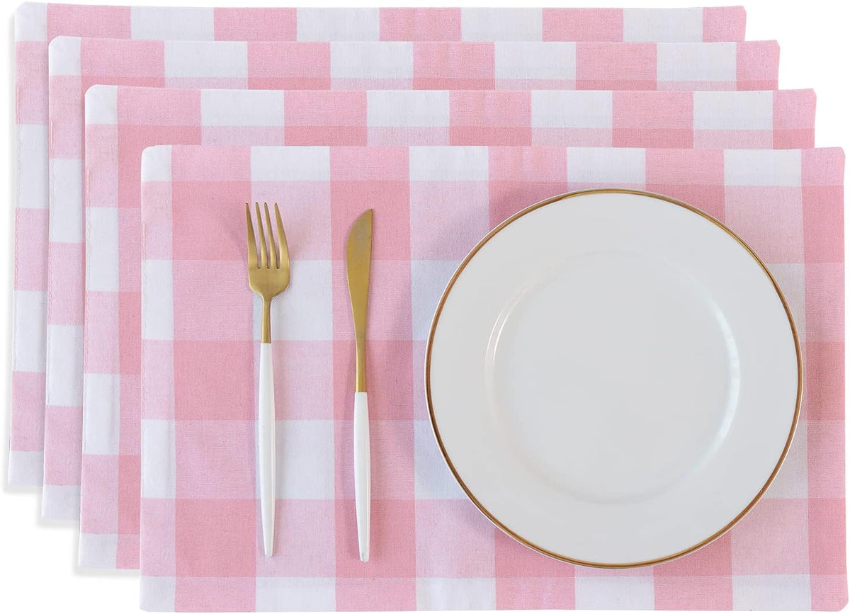 Pink & White Placemats Cotton Buffalo Check Gingham Farmhouse Set of 4 Heat Resistant 2 Side Dining Table Place Mats for Kitchen Table, 12 x 18 inches