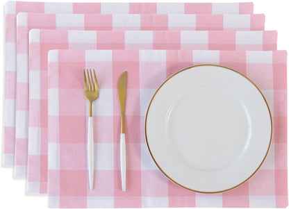Pink & White Placemats Cotton Buffalo Check Gingham Farmhouse Set of 4 Heat Resistant 2 Side Dining Table Place Mats for Kitchen Table, 12 x 18 inches