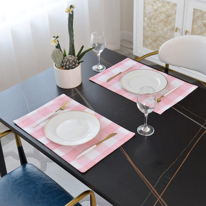 Pink & White Placemats Cotton Buffalo Check Gingham Farmhouse Set of 4 Heat Resistant 2 Side Dining Table Place Mats for Kitchen Table, 12 x 18 inches