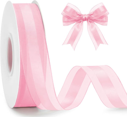 Light Pink Satin Ribbon - 1 Inch x 50 Yards Pink Organza Sheer Ribbon for Gift Wrapping Pink Chiffon Ribbon for Crafts Bouquet Wedding Bridal Shower Baby Shower Birthday Mother's Day Decor