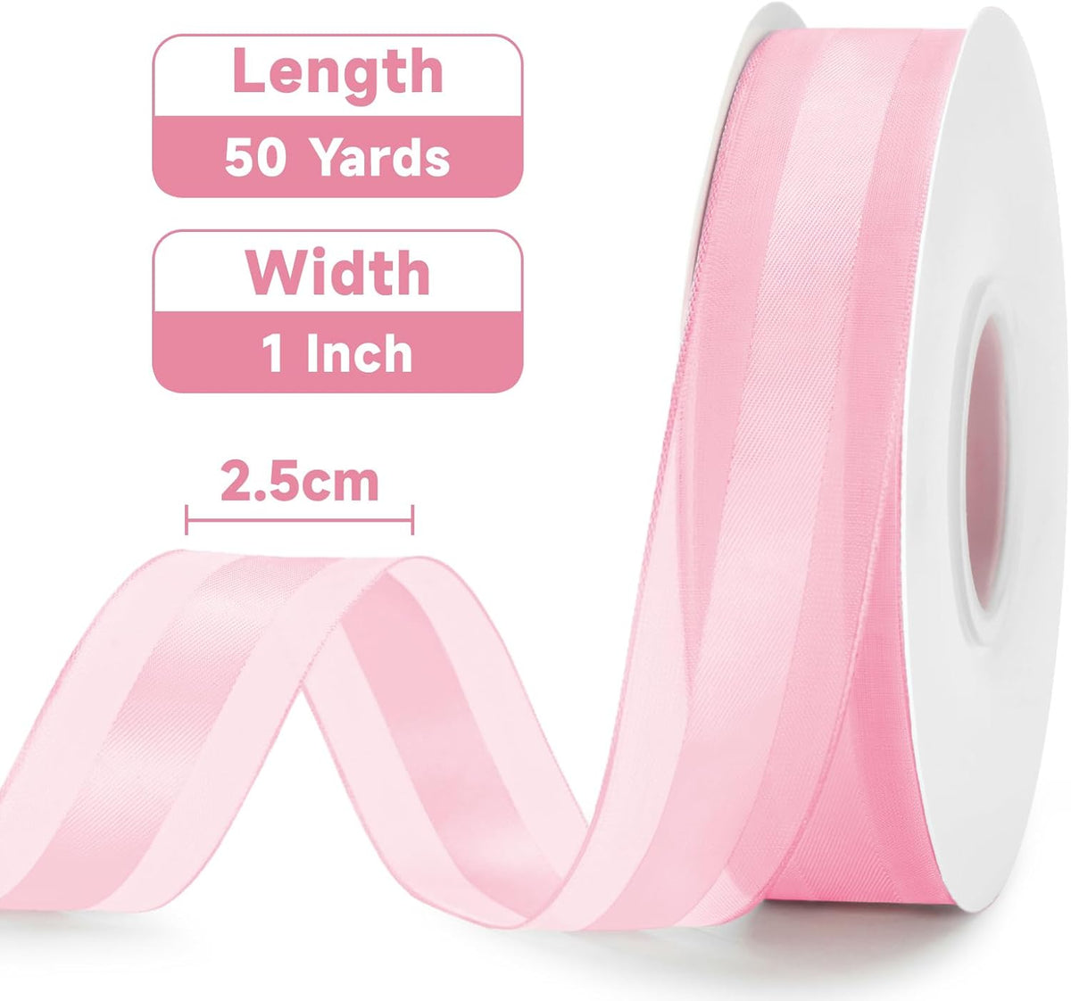 Light Pink Satin Ribbon - 1 Inch x 50 Yards Pink Organza Sheer Ribbon for Gift Wrapping Pink Chiffon Ribbon for Crafts Bouquet Wedding Bridal Shower Baby Shower Birthday Mother's Day Decor