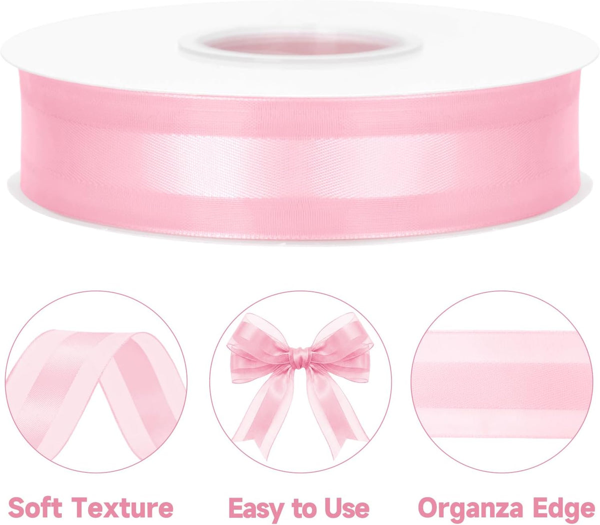 Light Pink Satin Ribbon - 1 Inch x 50 Yards Pink Organza Sheer Ribbon for Gift Wrapping Pink Chiffon Ribbon for Crafts Bouquet Wedding Bridal Shower Baby Shower Birthday Mother's Day Decor