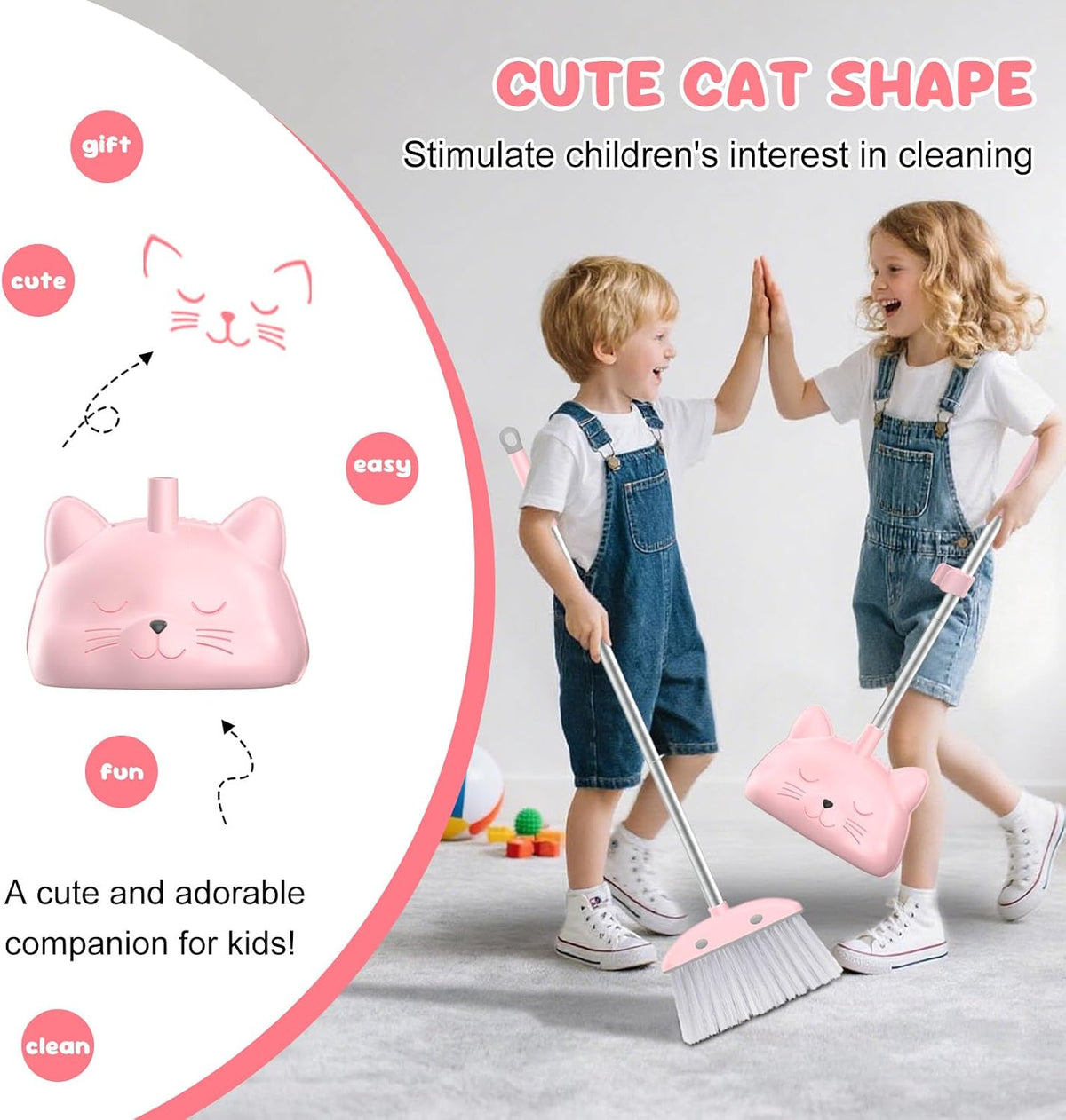 Mini Broom with Dustpan for Kids, 28-in Handle Kids Broom and Dustpan Set for Toddlers Cat-Shaped Children Cleaning Set Boys Girls Small Housekeeping Helper Set, Pink