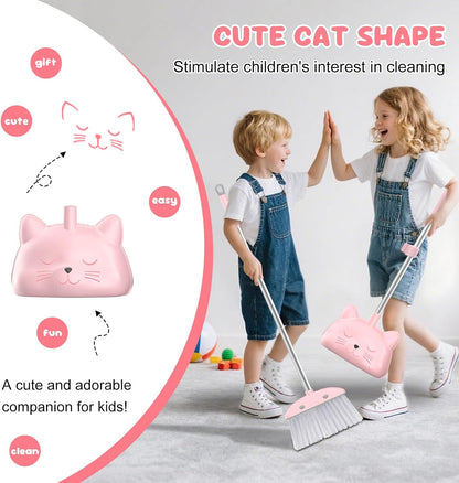 Mini Broom with Dustpan for Kids, 28-in Handle Kids Broom and Dustpan Set for Toddlers Cat-Shaped Children Cleaning Set Boys Girls Small Housekeeping Helper Set, Pink