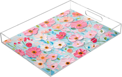 Plastic Food Serving Tray Decorative Vanity Trays for Bathroom Pink Daisy Coffee Table Kitchen Counter 11.8 * 15.7in