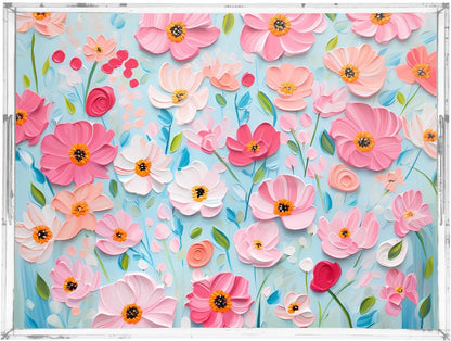 Plastic Food Serving Tray Decorative Vanity Trays for Bathroom Pink Daisy Coffee Table Kitchen Counter 11.8 * 15.7in