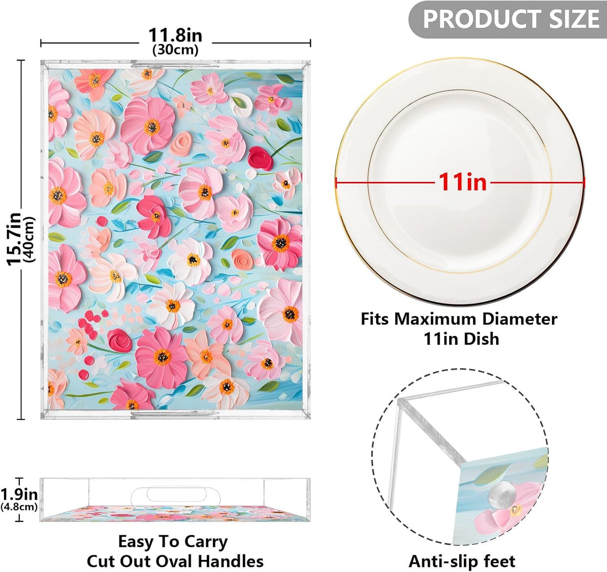 Plastic Food Serving Tray Decorative Vanity Trays for Bathroom Pink Daisy Coffee Table Kitchen Counter 11.8 * 15.7in