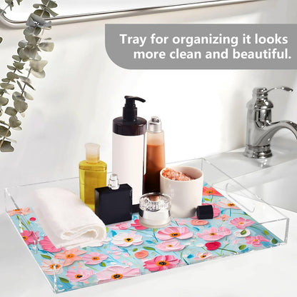 Plastic Food Serving Tray Decorative Vanity Trays for Bathroom Pink Daisy Coffee Table Kitchen Counter 11.8 * 15.7in