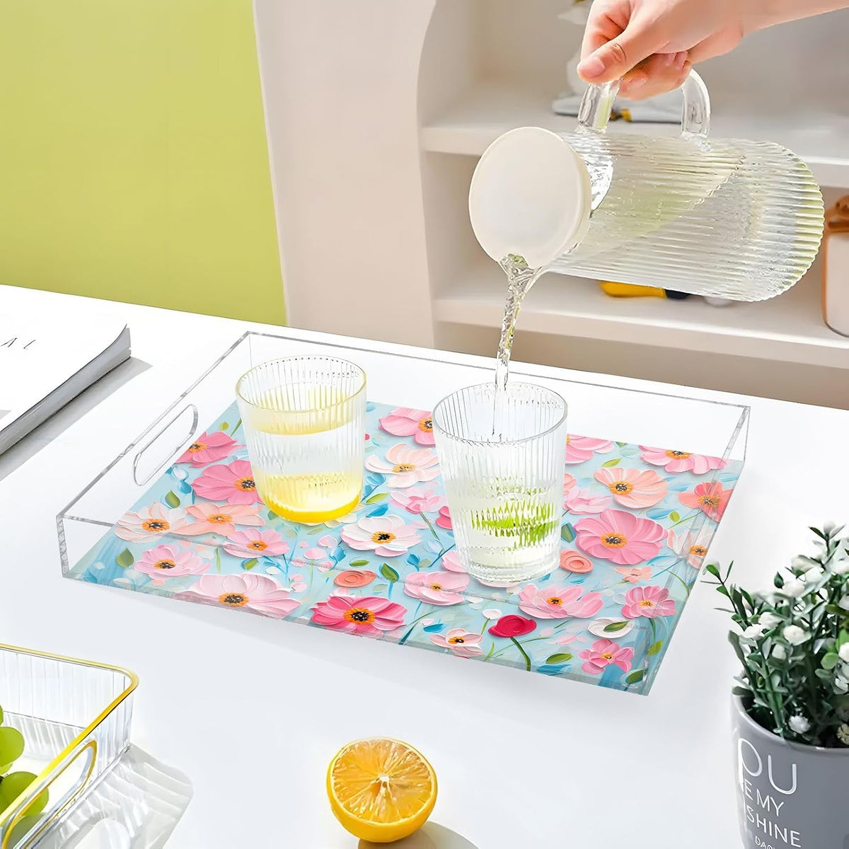 Plastic Food Serving Tray Decorative Vanity Trays for Bathroom Pink Daisy Coffee Table Kitchen Counter 11.8 * 15.7in