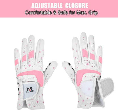Kids Golf Gloves for Youth Toddler Boys Girls, Right & Left Hand (1 Pair) Mircofiber Breathable Junior Golf Gloves, White Red Pink Blue Black Stars Color,Age 2-8
