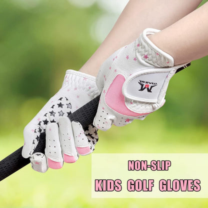 Kids Golf Gloves for Youth Toddler Boys Girls, Right & Left Hand (1 Pair) Mircofiber Breathable Junior Golf Gloves, White Red Pink Blue Black Stars Color,Age 2-8