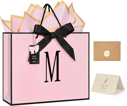 Birthday Gift Bag, Personalized Initial Pink Gift Bags for Women & Girls, Medium Valentines Gift Paper Bags with Card and Tissue Paper, Stands up perfectly for Weddings, Party & All Holidays (Pink, M-Medium)