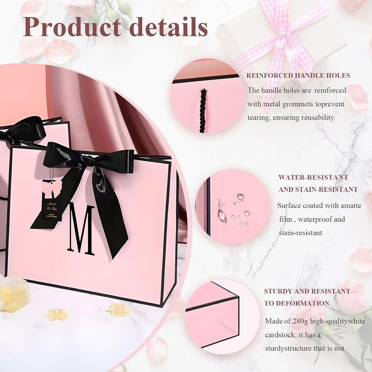 Birthday Gift Bag, Personalized Initial Pink Gift Bags for Women & Girls, Medium Valentines Gift Paper Bags with Card and Tissue Paper, Stands up perfectly for Weddings, Party & All Holidays (Pink, M-Medium)