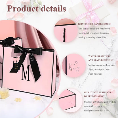 Birthday Gift Bag, Personalized Initial Pink Gift Bags for Women & Girls, Medium Valentines Gift Paper Bags with Card and Tissue Paper, Stands up perfectly for Weddings, Party & All Holidays (Pink, M-Medium)