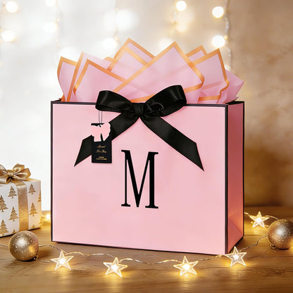 Birthday Gift Bag, Personalized Initial Pink Gift Bags for Women & Girls, Medium Valentines Gift Paper Bags with Card and Tissue Paper, Stands up perfectly for Weddings, Party & All Holidays (Pink, M-Medium)
