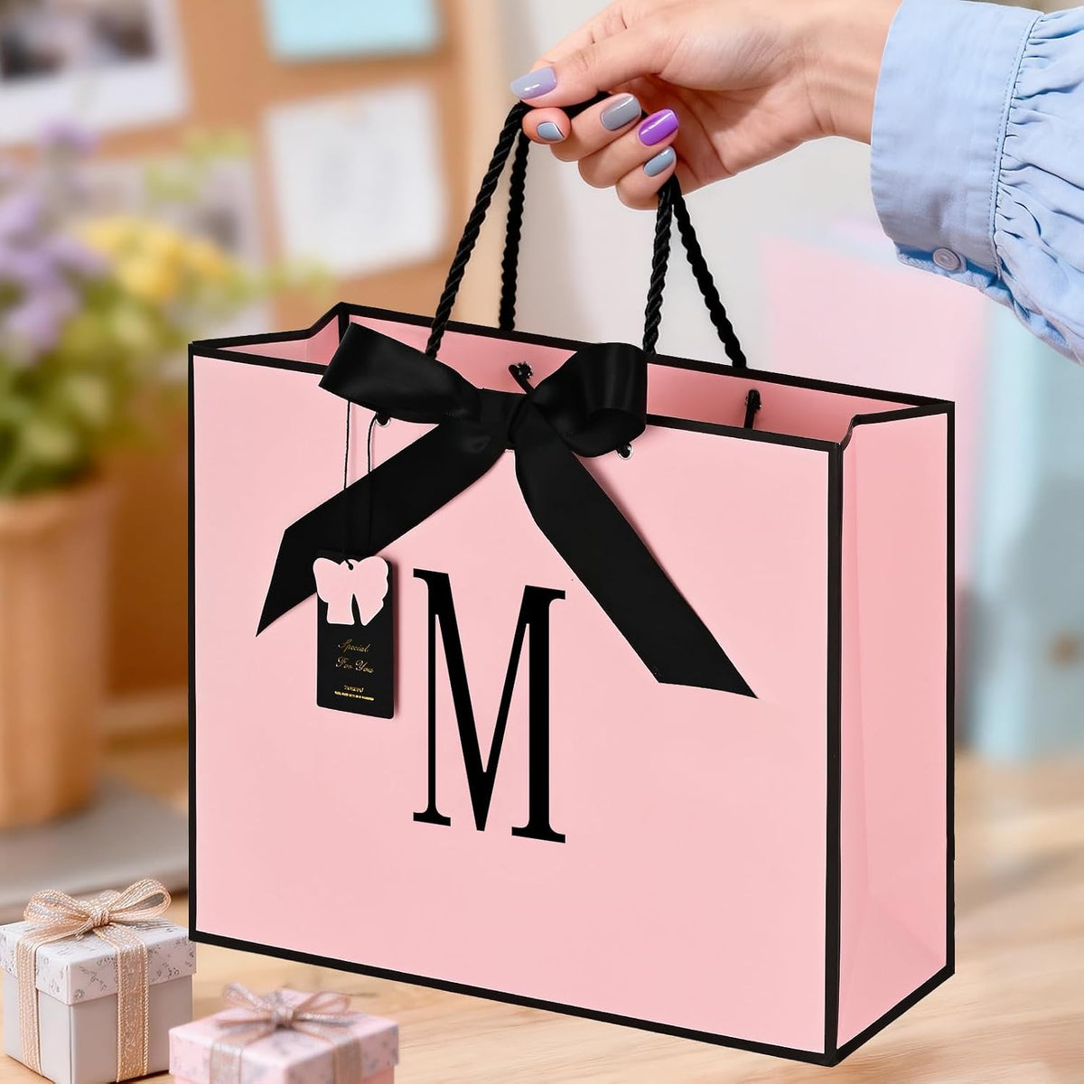 Birthday Gift Bag, Personalized Initial Pink Gift Bags for Women & Girls, Medium Valentines Gift Paper Bags with Card and Tissue Paper, Stands up perfectly for Weddings, Party & All Holidays (Pink, M-Medium)
