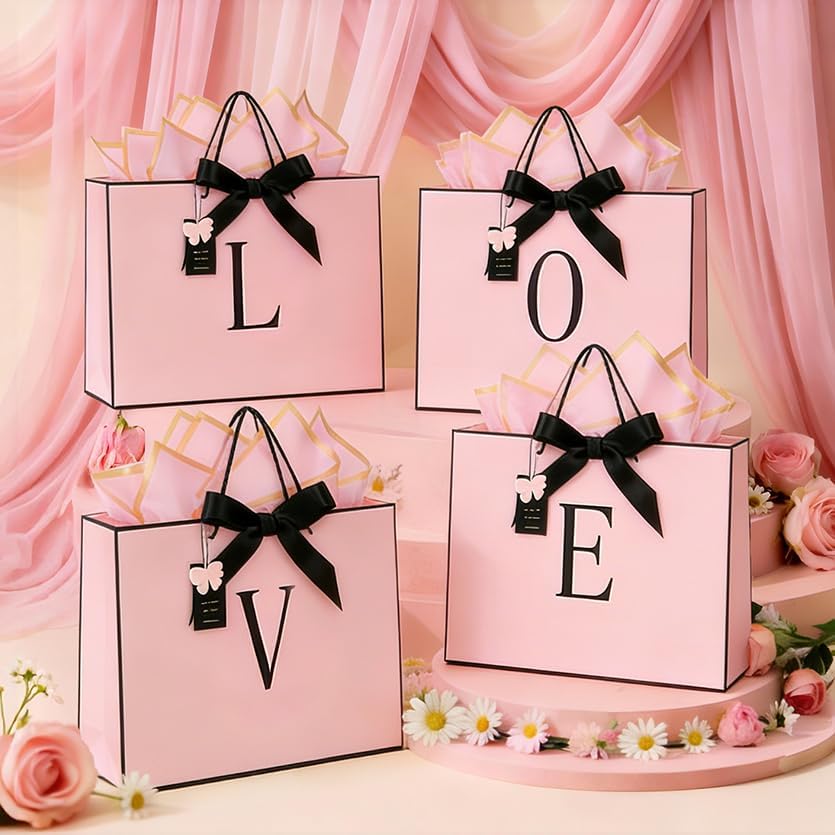Birthday Gift Bag, Personalized Initial Pink Gift Bags for Women & Girls, Medium Valentines Gift Paper Bags with Card and Tissue Paper, Stands up perfectly for Weddings, Party & All Holidays (Pink, M-Medium)