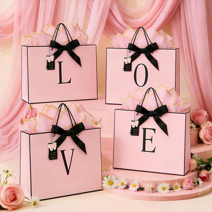 Birthday Gift Bag, Personalized Initial Pink Gift Bags for Women & Girls, Medium Valentines Gift Paper Bags with Card and Tissue Paper, Stands up perfectly for Weddings, Party & All Holidays (Pink, M-Medium)