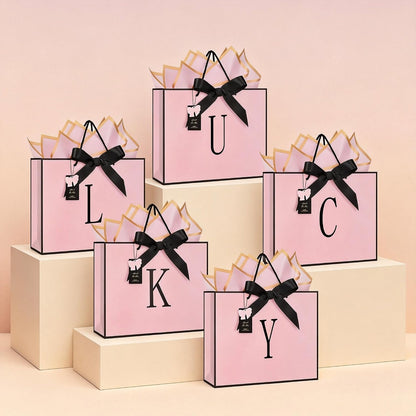 Birthday Gift Bag, Personalized Initial Pink Gift Bags for Women & Girls, Medium Valentines Gift Paper Bags with Card and Tissue Paper, Stands up perfectly for Weddings, Party & All Holidays (Pink, M-Medium)