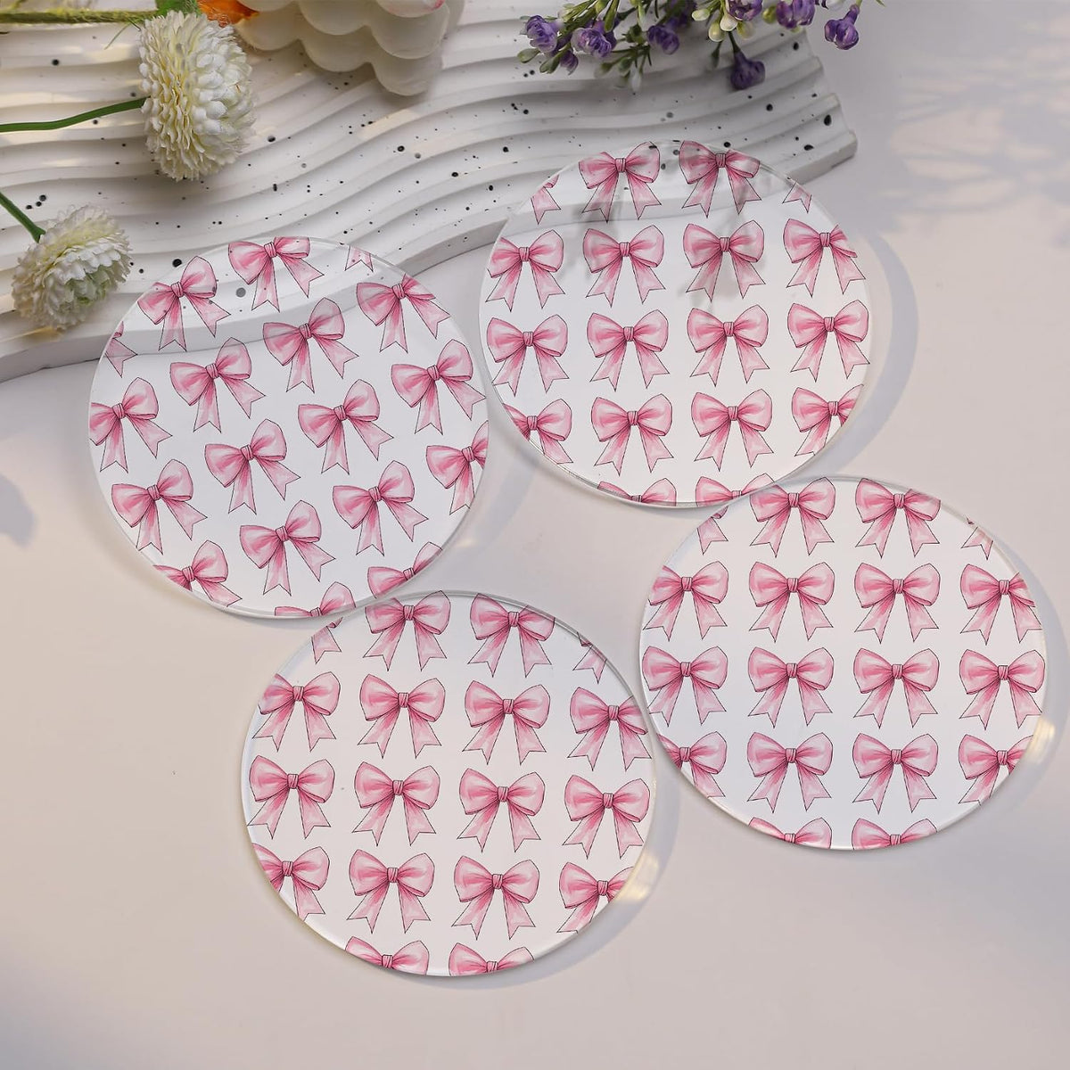 Drink Coasters with Pink Bow Pattern, Round 3.93 Inch, Set of 2,Pink Table Coasters for Home Decor (Pink A)
