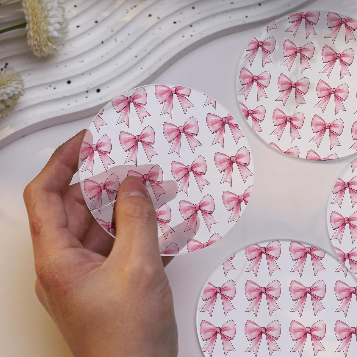 Drink Coasters with Pink Bow Pattern, Round 3.93 Inch, Set of 2,Pink Table Coasters for Home Decor (Pink A)