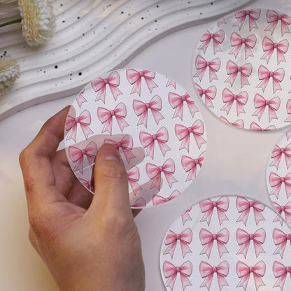 Drink Coasters with Pink Bow Pattern, Round 3.93 Inch, Set of 2,Pink Table Coasters for Home Decor (Pink A)
