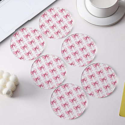 Drink Coasters with Pink Bow Pattern, Round 3.93 Inch, Set of 2,Pink Table Coasters for Home Decor (Pink A)