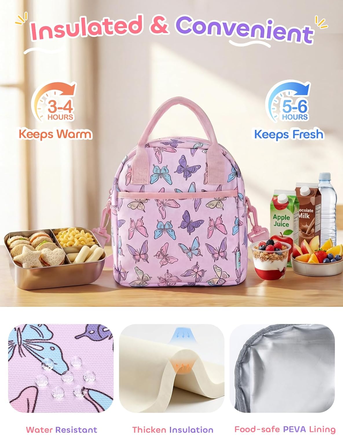 Lunch Box Bag for Kids, Insulated Lightweight Lunch Box Tote for Toddler Girls School Daycare Kindergarten Butterfly Pink