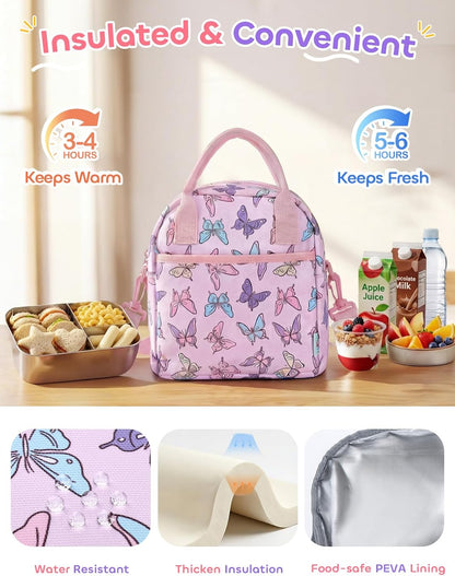 Lunch Box Bag for Kids, Insulated Lightweight Lunch Box Tote for Toddler Girls School Daycare Kindergarten Butterfly Pink