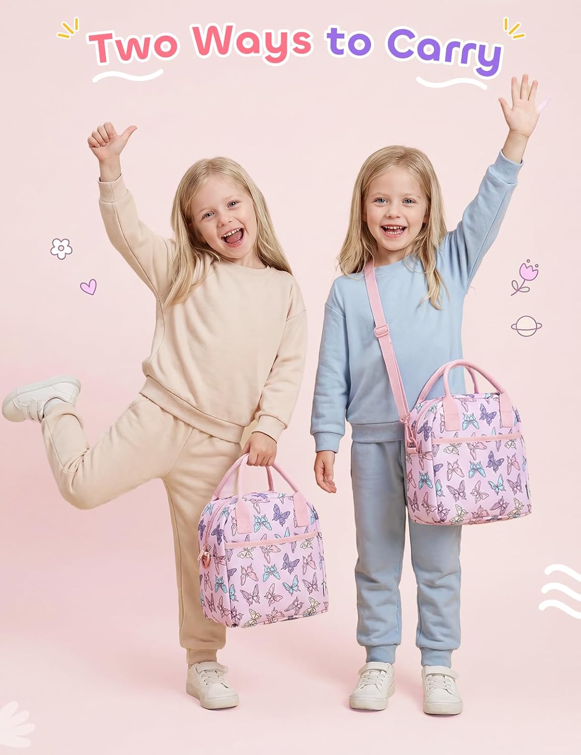 Lunch Box Bag for Kids, Insulated Lightweight Lunch Box Tote for Toddler Girls School Daycare Kindergarten Butterfly Pink