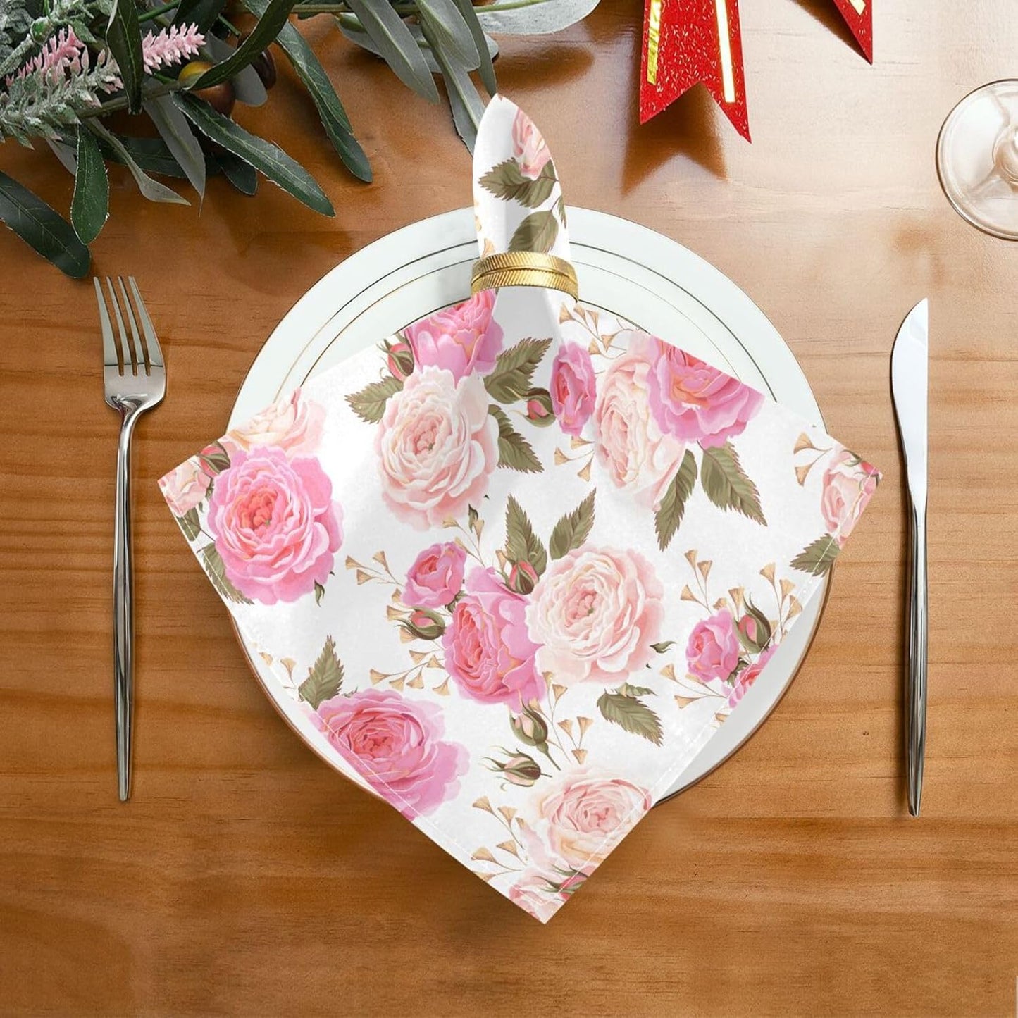 Table Cloth Napkins Floral Rose Pink Set of 6, Washable Reusable Dinner Napkin, Table Decor for Kitchen, Cocktail Party,Wedding, Banquet, Holiday (20 x 20 in)