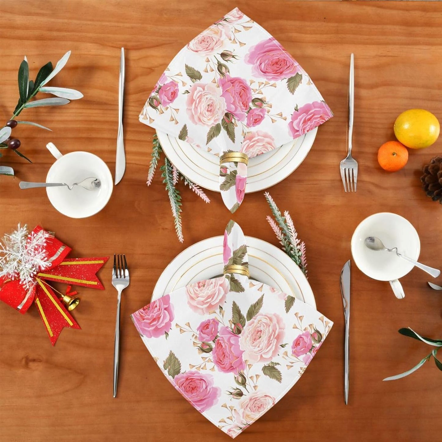 Table Cloth Napkins Floral Rose Pink Set of 6, Washable Reusable Dinner Napkin, Table Decor for Kitchen, Cocktail Party,Wedding, Banquet, Holiday (20 x 20 in)