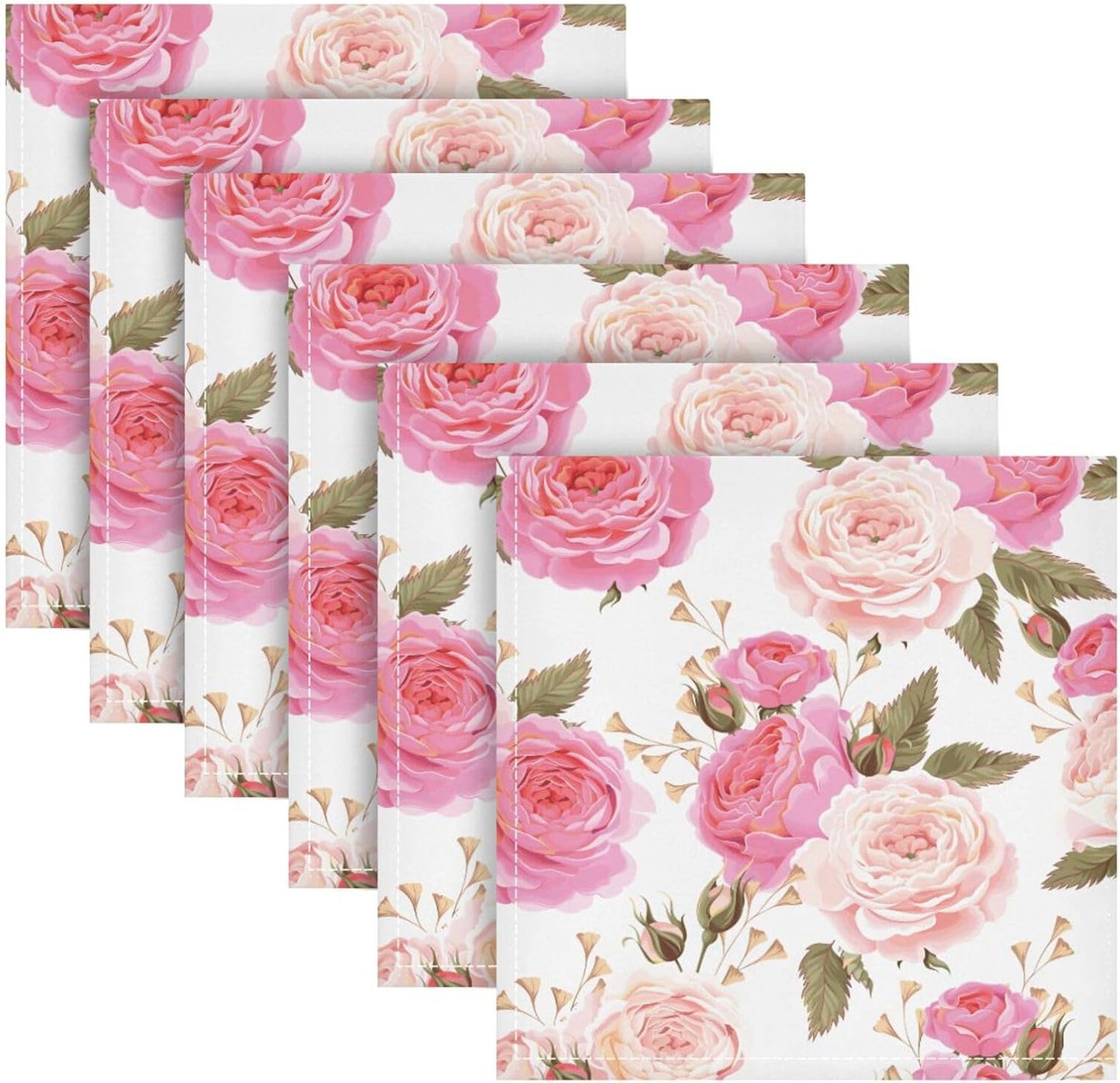 Table Cloth Napkins Floral Rose Pink Set of 6, Washable Reusable Dinner Napkin, Table Decor for Kitchen, Cocktail Party,Wedding, Banquet, Holiday (20 x 20 in)