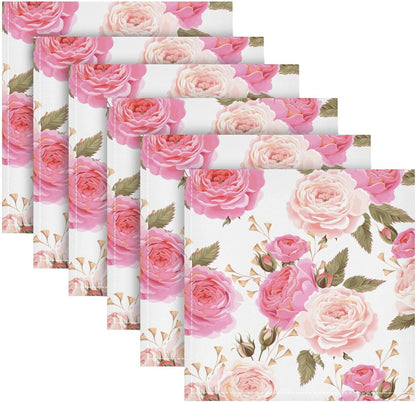 Table Cloth Napkins Floral Rose Pink Set of 6, Washable Reusable Dinner Napkin, Table Decor for Kitchen, Cocktail Party,Wedding, Banquet, Holiday (20 x 20 in)