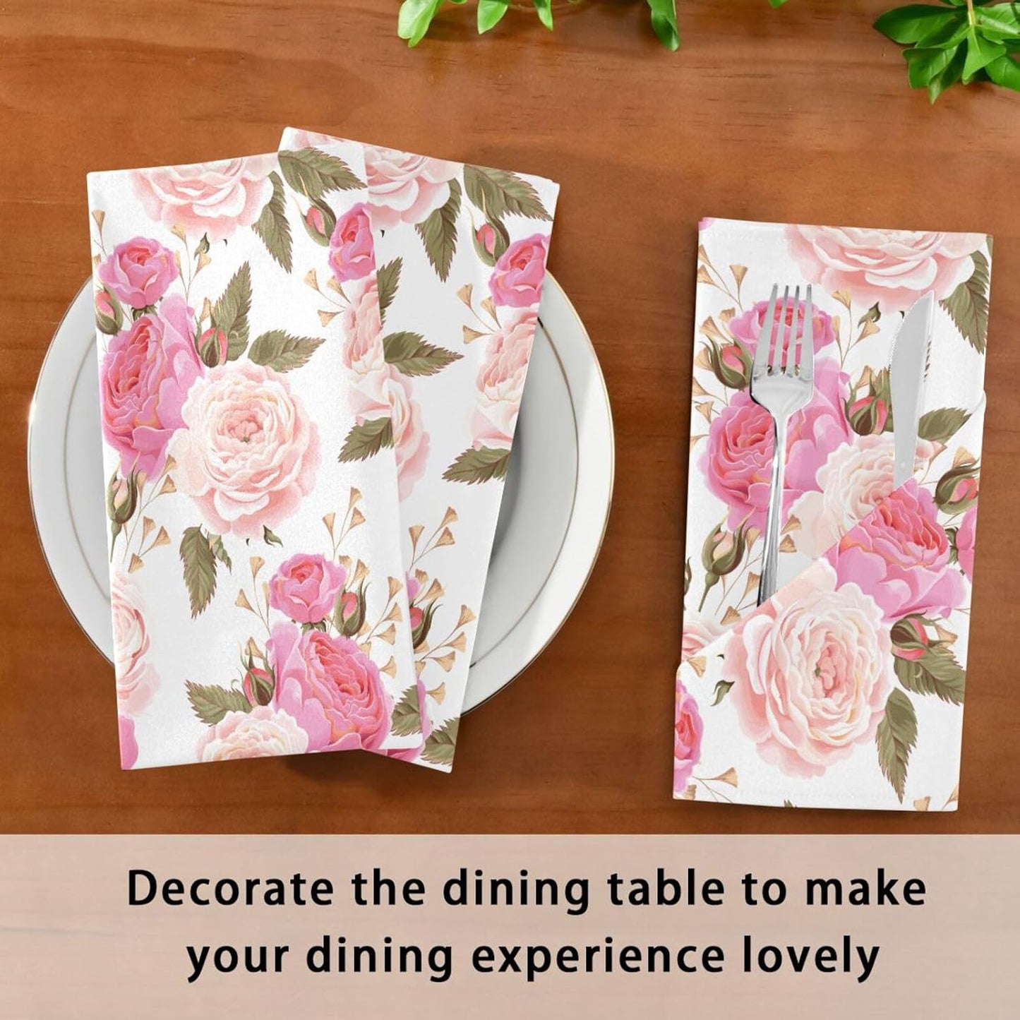 Table Cloth Napkins Floral Rose Pink Set of 6, Washable Reusable Dinner Napkin, Table Decor for Kitchen, Cocktail Party,Wedding, Banquet, Holiday (20 x 20 in)