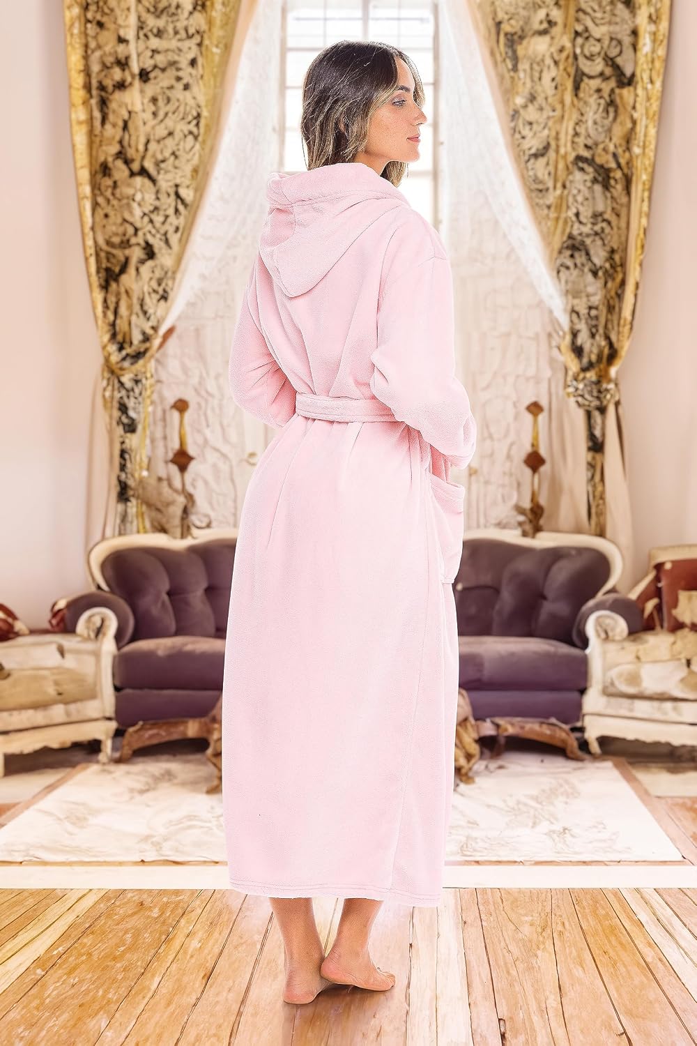 Women's Long Sleeve Plush Fleece Hooded Robe, Full Length Bathrobe