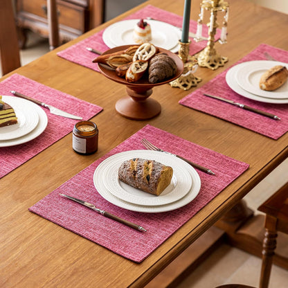 KXN Placemats Set of 8, Dual-Layer Thickened Faux Linen Table Mats, Heat Resistant & Wrinkle-Free, Machine Washable Cloth Place Mats for Kitchen Dining Indoor Outdoor (Pink)