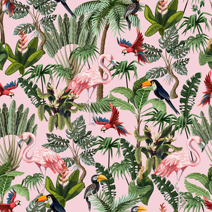 Pink Jungle Wallpaper Peel and Stick Removable Pink Tropical Wallpaper for Bedroom Bathroom Nursery 17.7''x118'' Flamingo Birds Wall Mural Prepasted Tropical Contact Paper for Walls Cabinets