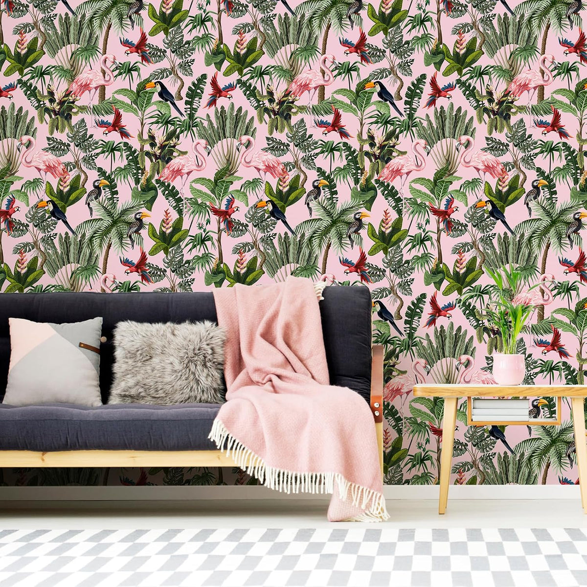 Pink Jungle Wallpaper Peel and Stick Removable Pink Tropical Wallpaper for Bedroom Bathroom Nursery 17.7''x118'' Flamingo Birds Wall Mural Prepasted Tropical Contact Paper for Walls Cabinets
