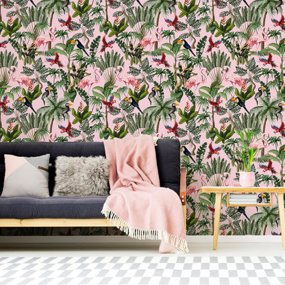 Pink Jungle Wallpaper Peel and Stick Removable Pink Tropical Wallpaper for Bedroom Bathroom Nursery 17.7''x118'' Flamingo Birds Wall Mural Prepasted Tropical Contact Paper for Walls Cabinets