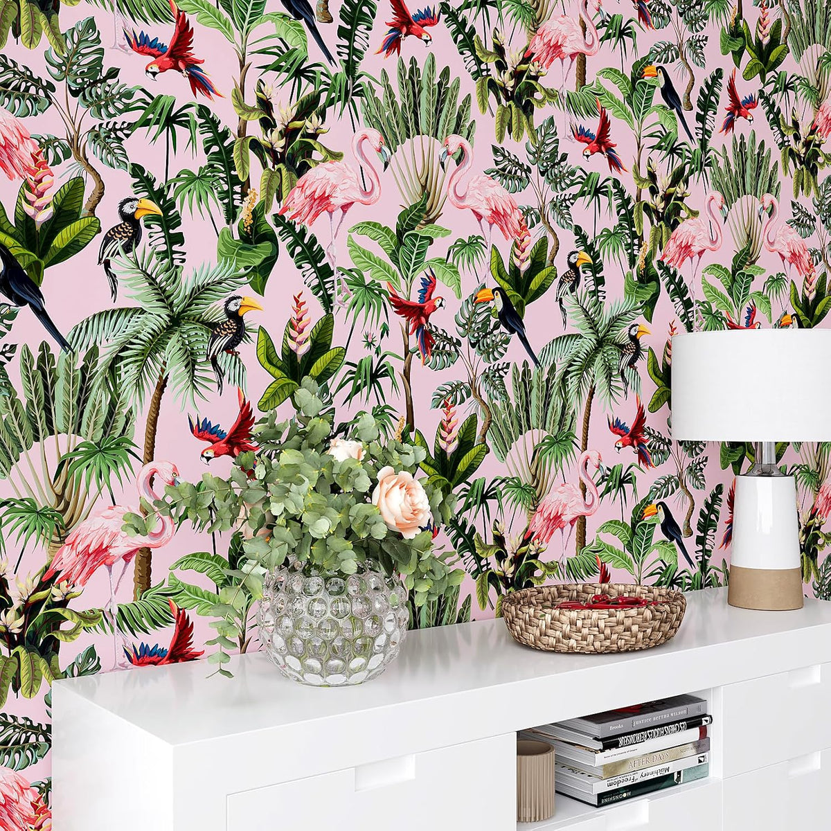 Pink Jungle Wallpaper Peel and Stick Removable Pink Tropical Wallpaper for Bedroom Bathroom Nursery 17.7''x118'' Flamingo Birds Wall Mural Prepasted Tropical Contact Paper for Walls Cabinets
