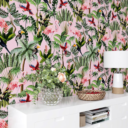 Pink Jungle Wallpaper Peel and Stick Removable Pink Tropical Wallpaper for Bedroom Bathroom Nursery 17.7''x118'' Flamingo Birds Wall Mural Prepasted Tropical Contact Paper for Walls Cabinets