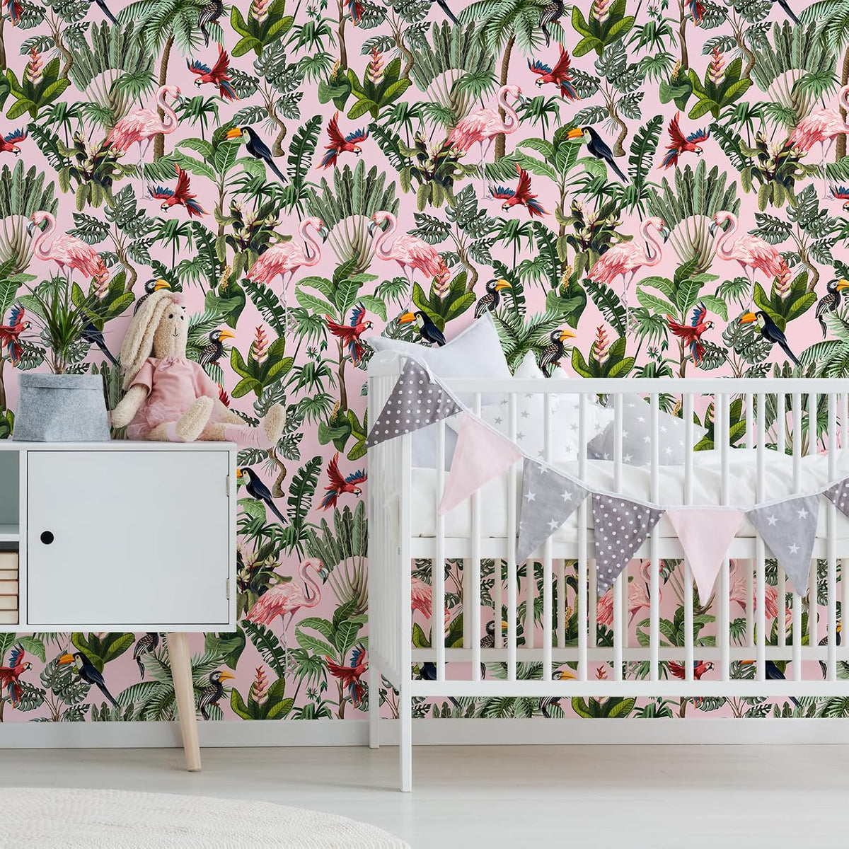 Pink Jungle Wallpaper Peel and Stick Removable Pink Tropical Wallpaper for Bedroom Bathroom Nursery 17.7''x118'' Flamingo Birds Wall Mural Prepasted Tropical Contact Paper for Walls Cabinets