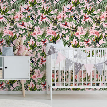 Pink Jungle Wallpaper Peel and Stick Removable Pink Tropical Wallpaper for Bedroom Bathroom Nursery 17.7''x118'' Flamingo Birds Wall Mural Prepasted Tropical Contact Paper for Walls Cabinets