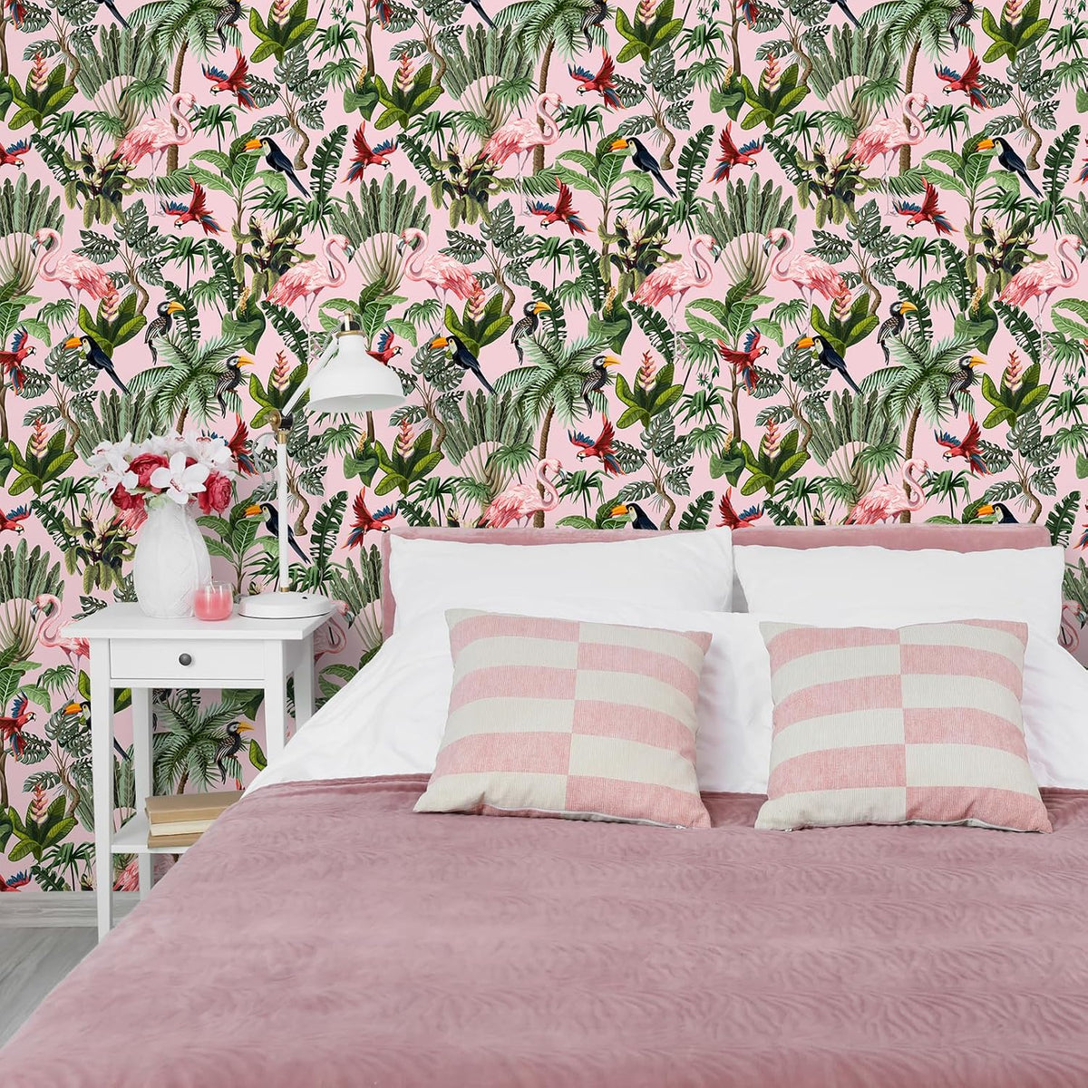 Pink Jungle Wallpaper Peel and Stick Removable Pink Tropical Wallpaper for Bedroom Bathroom Nursery 17.7''x118'' Flamingo Birds Wall Mural Prepasted Tropical Contact Paper for Walls Cabinets